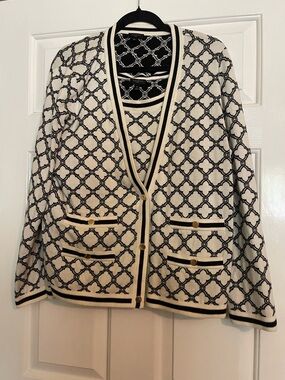 Talbots Cream and Black Geometric Knit Sweater Set